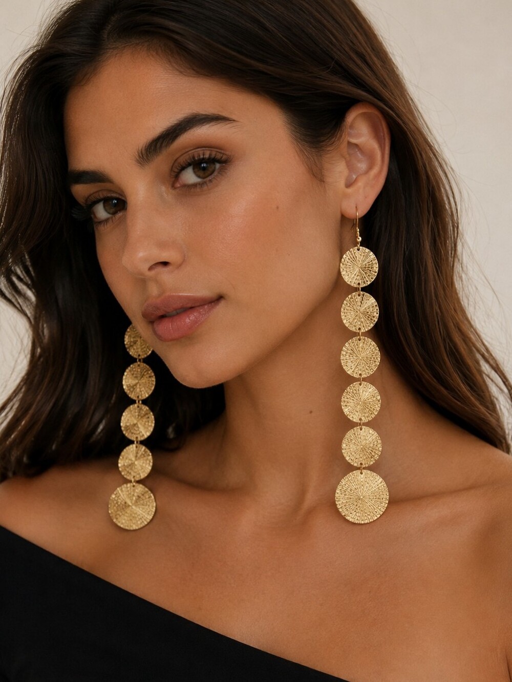 Gold Textured Disc Drop Earrings